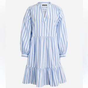 J. Crew Tiered Cotton Poplin Long Sleeve Dress Blue White Stripe Med